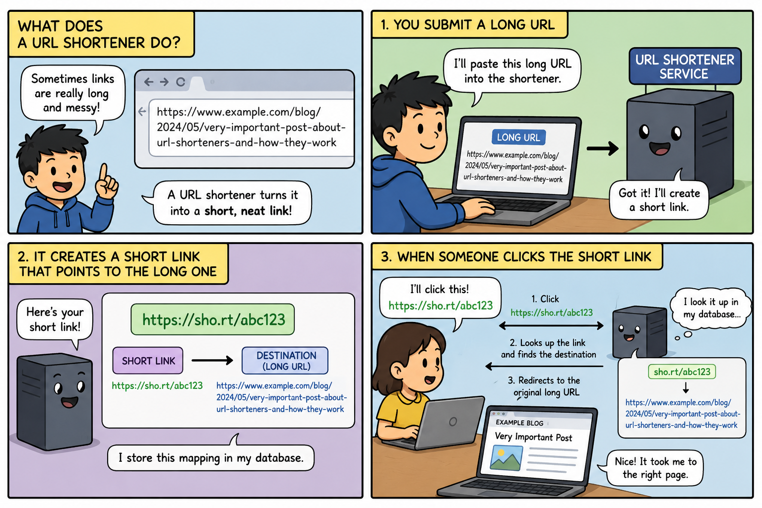 Comic strip explaining how URL shorteners work